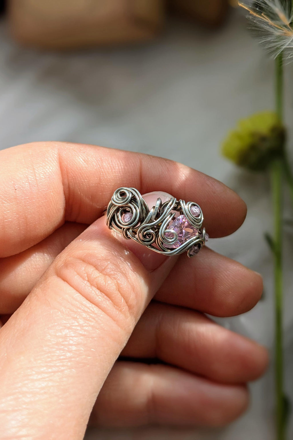 Pink Cubic Zirconia and Silver Filled Wire Wrap Ring