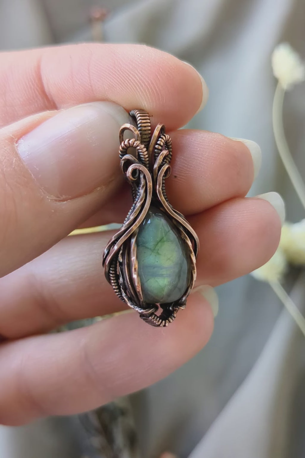 Symmetrical Copper & Blue Labradorite Wire Wrapped Necklace | Handmade Boho Pendant | Natural Crystal Jewelry