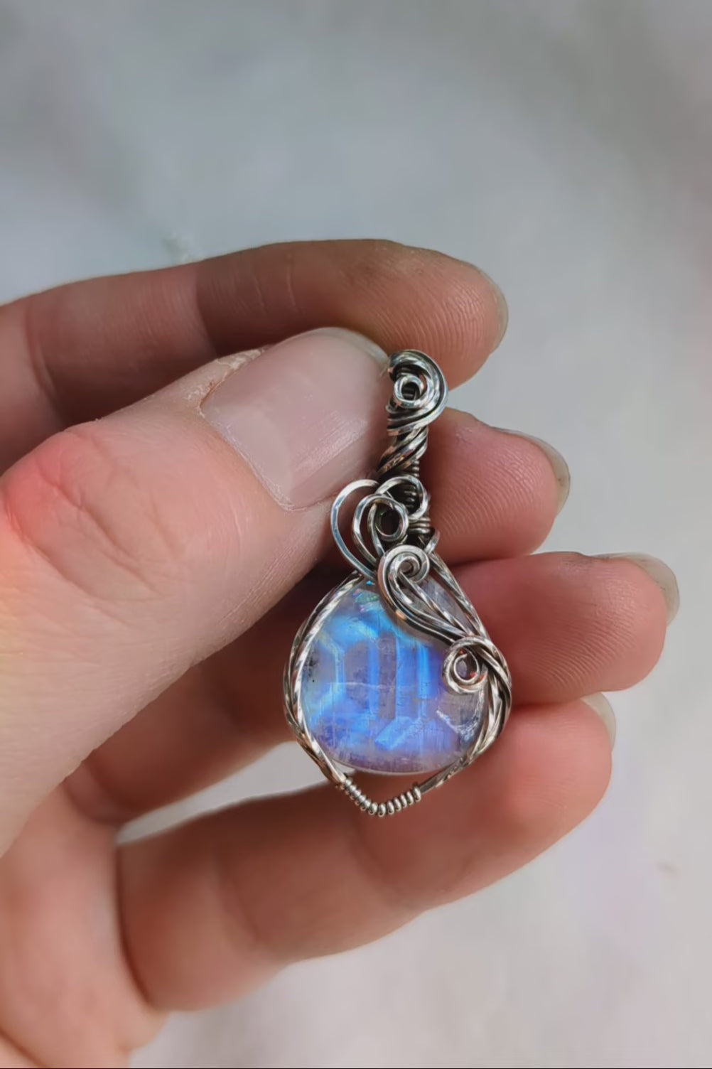 Rainbow Moonstone and Sterling Silver Wire Wrap Necklace