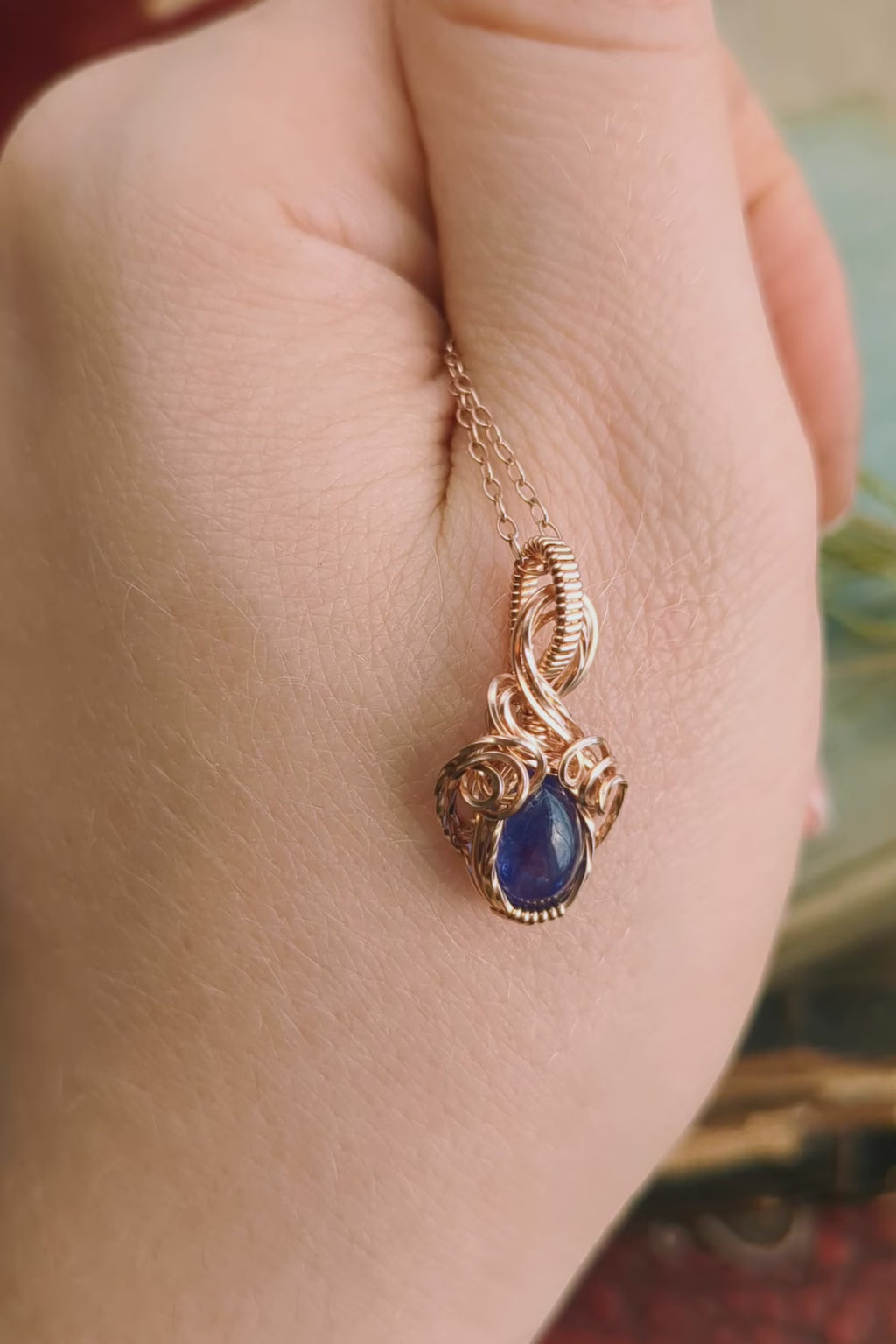 Mini Wire Wrap Pendant – Rose Gold Filled Wire with Tanzanite Stone – Delicate, Elegant Jewelry