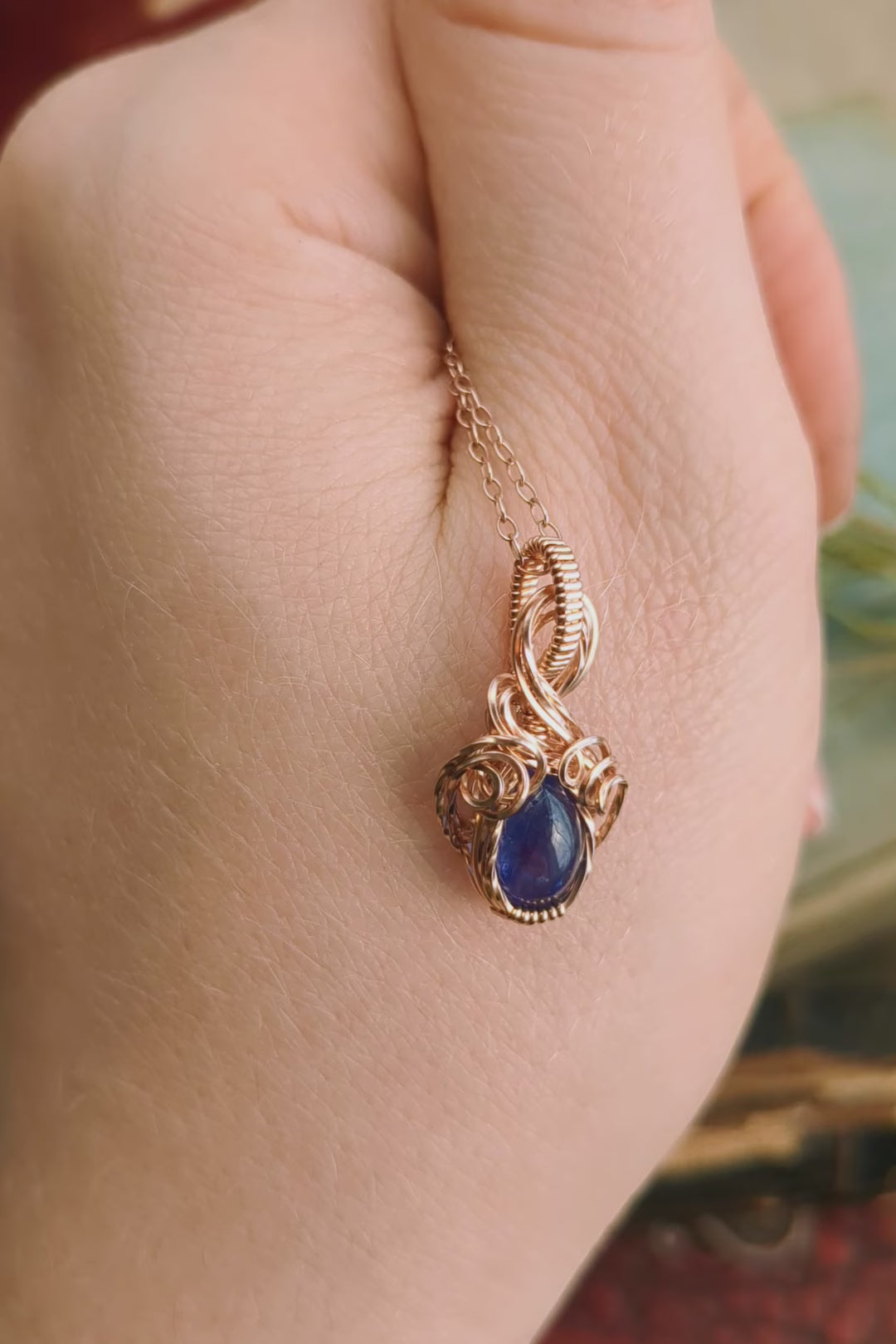 Mini Wire Wrap Pendant – Rose Gold Filled Wire with Tanzanite Stone – Delicate, Elegant Jewelry
