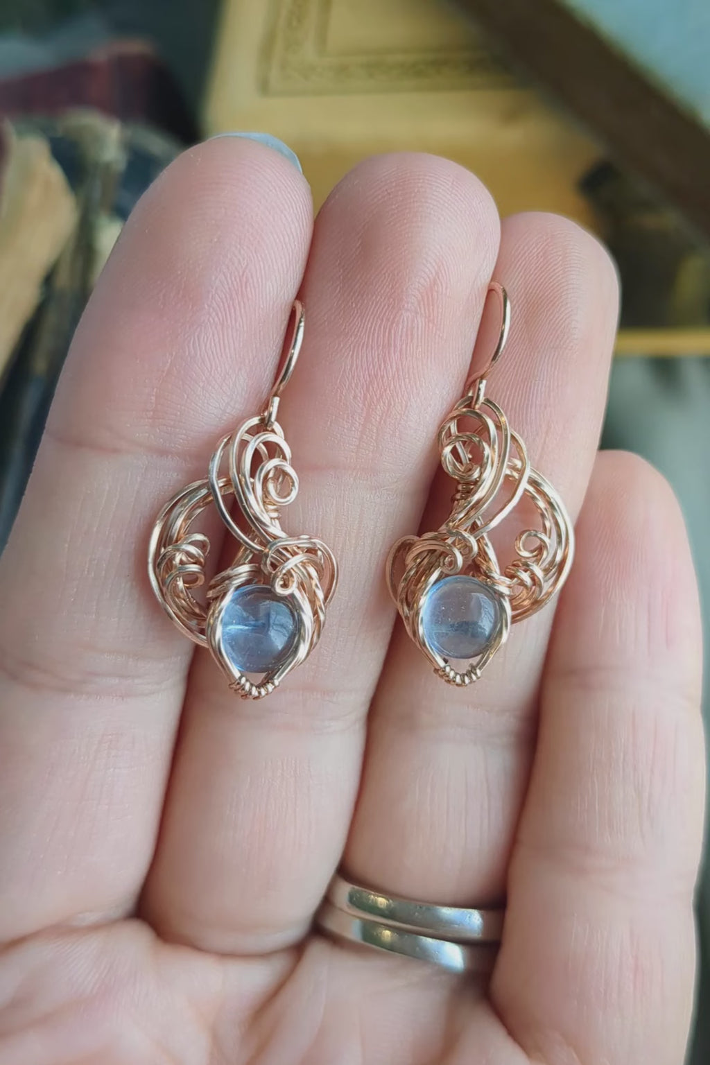 Rose Gold-Filled Wire Wrap Earrings with Aquamarine Stones