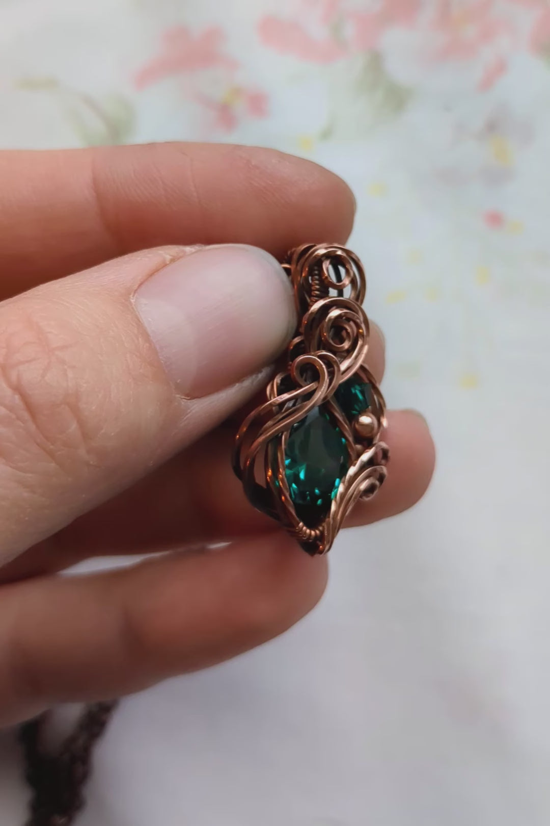 Green Cubic Zirconia and Copper Wire Wrap Necklace