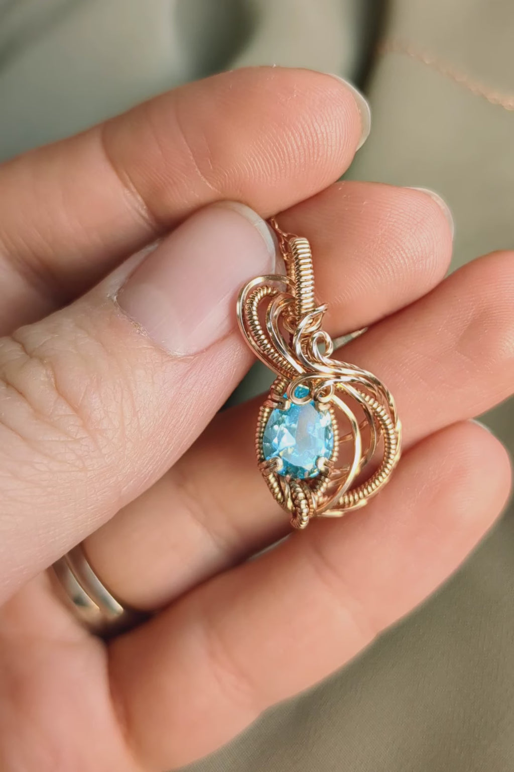 Rose Gold Filled Wire Wrap Necklace with Light Blue Cubic Zirconia Stone