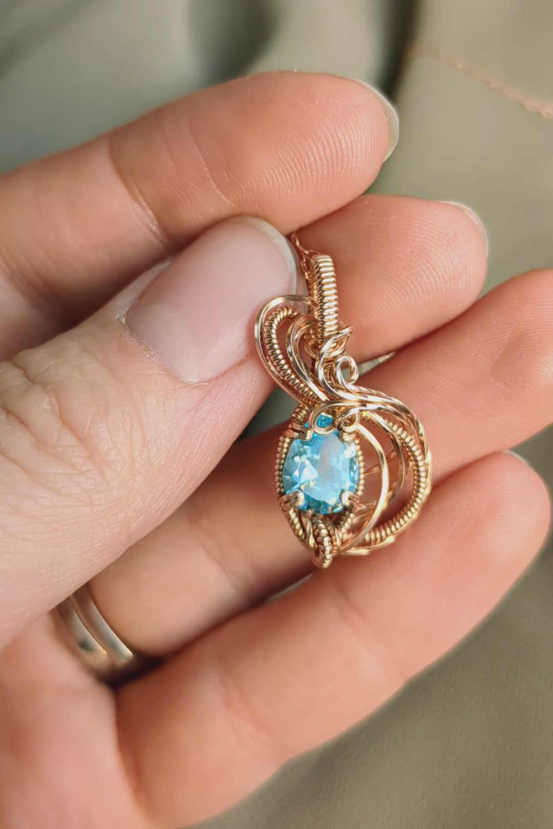 Rose Gold Filled Wire Wrap Necklace with Light Blue Cubic Zirconia Stone