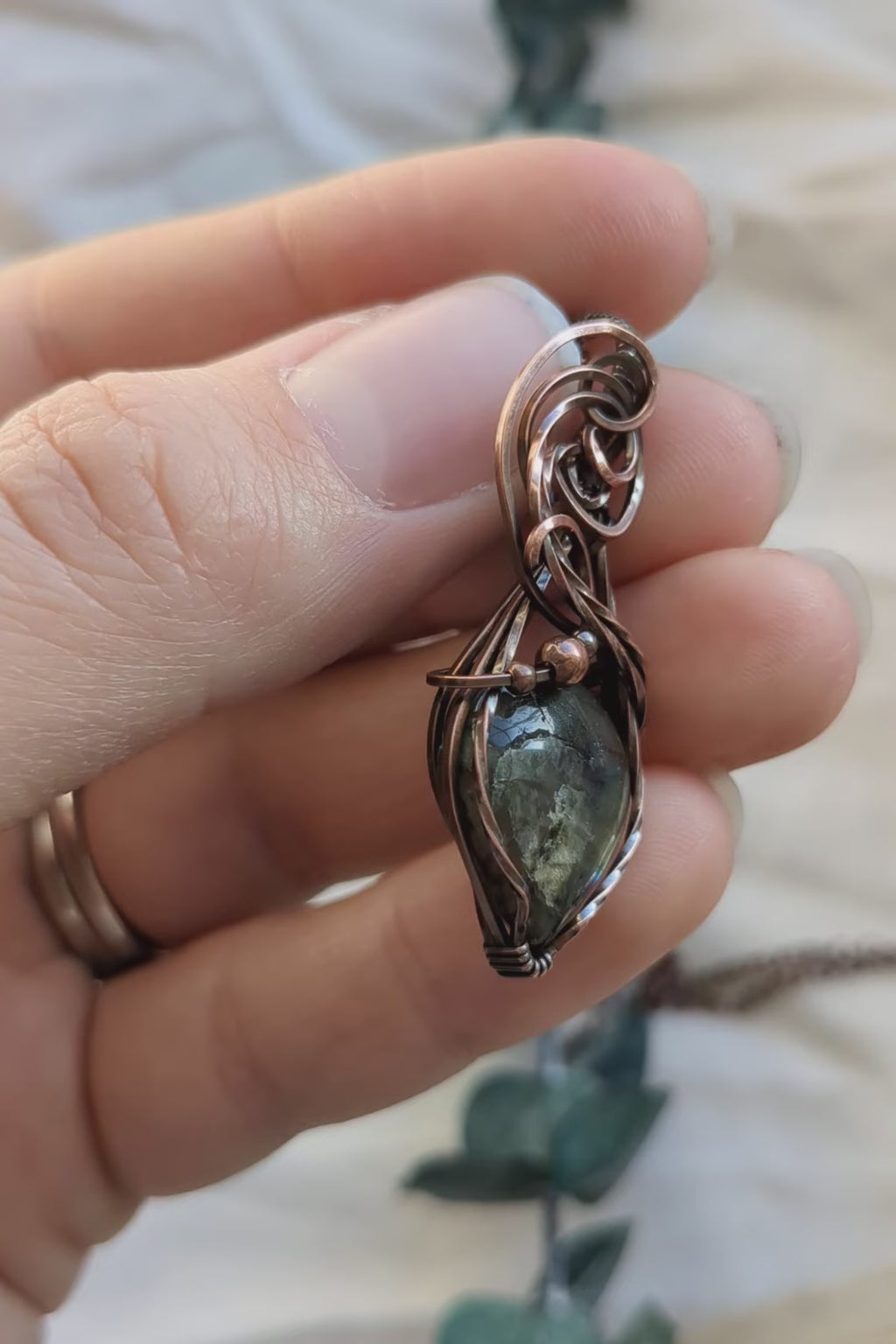 Labradorite and Copper Scroll Wire Wrap Pendant