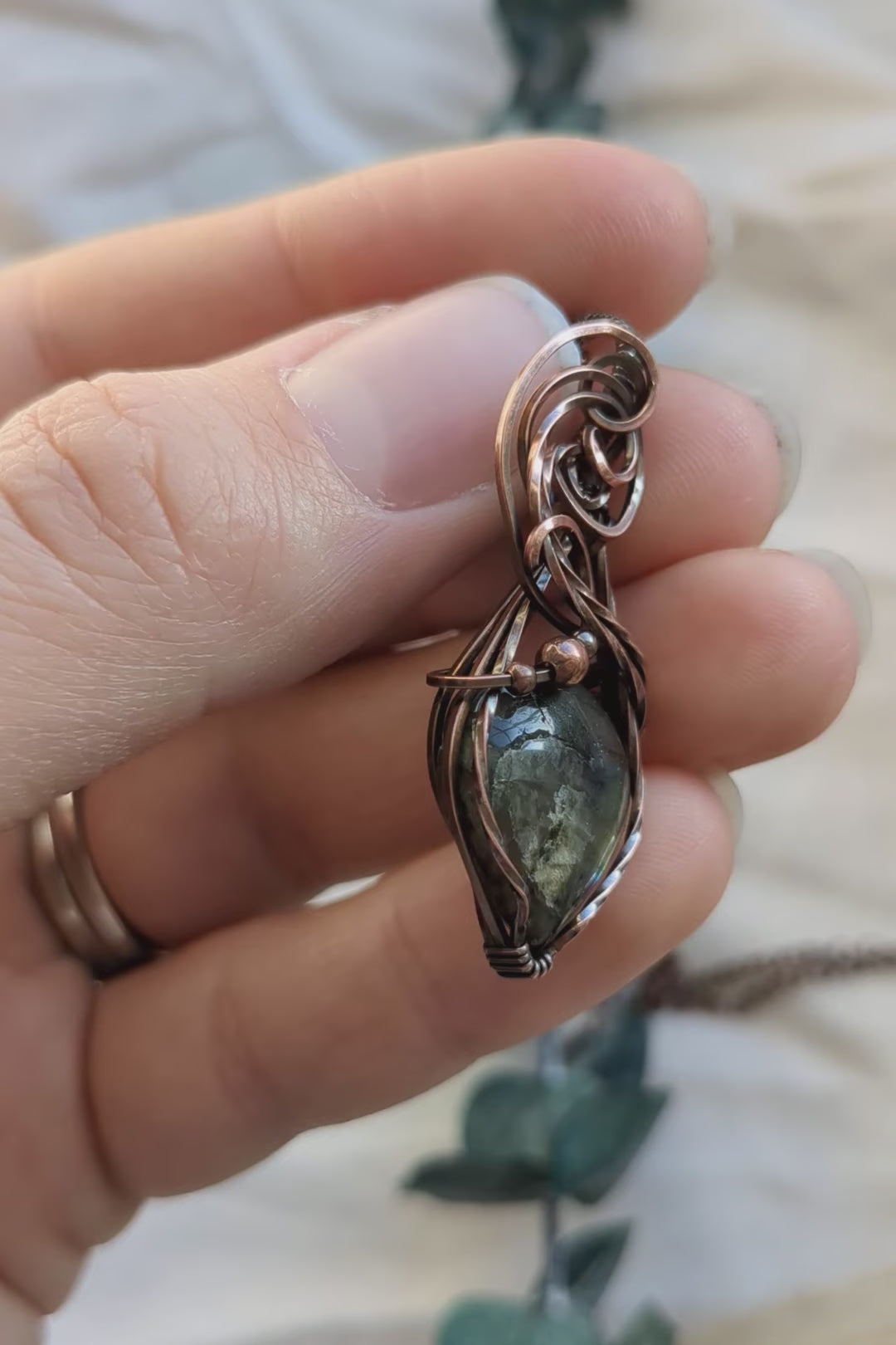 Labradorite and Copper Scroll Wire Wrap Pendant
