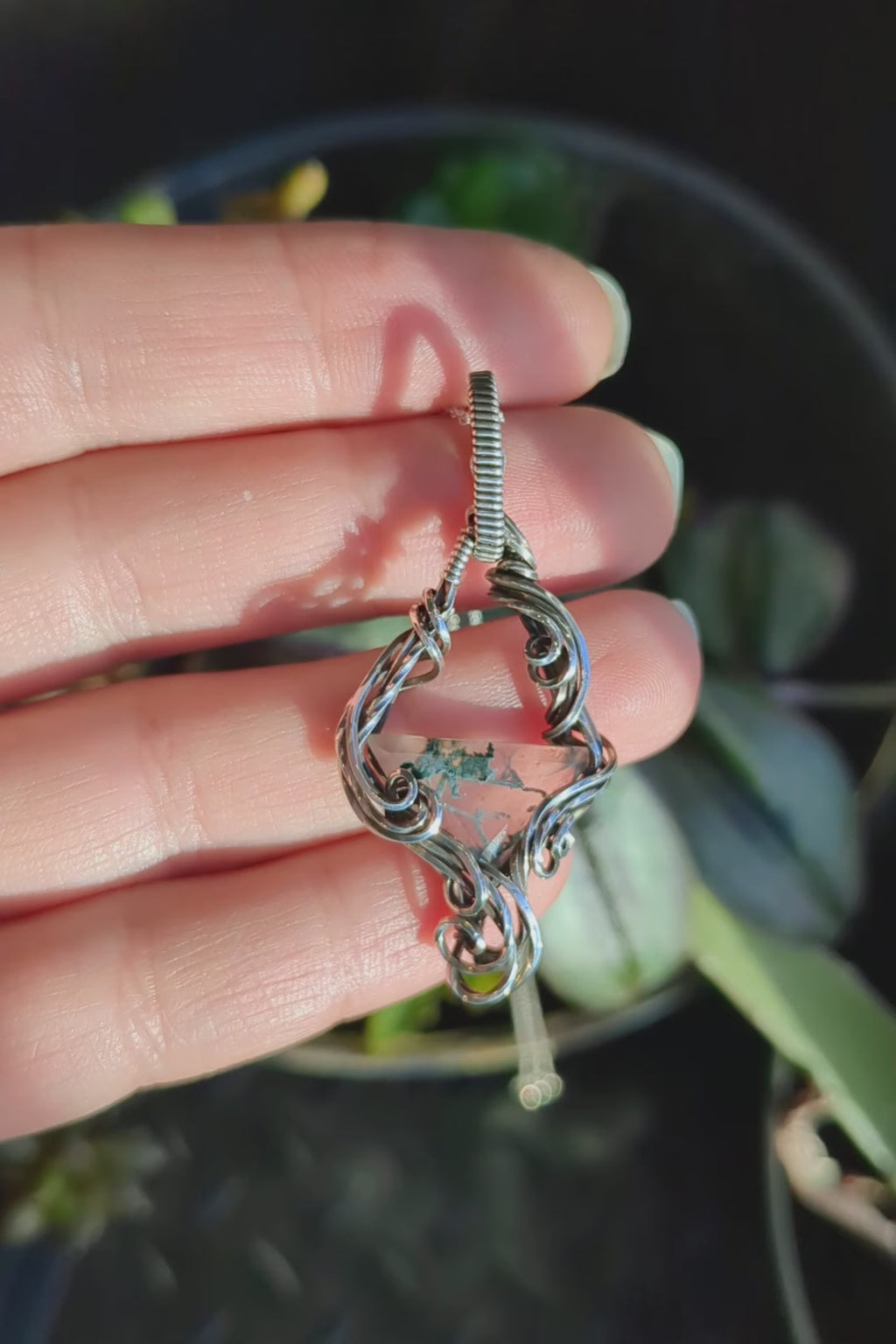 Moss Agate and Sterling Silver Vine Pendant